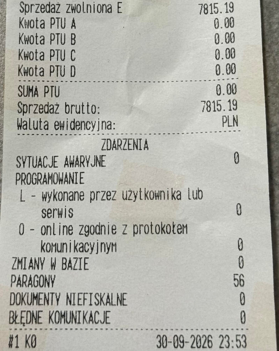 Raport dobowy z kasy fiskalnej z 30.09.2026: sprzedaż brutto 7815,19 zł, 56 paragonów
